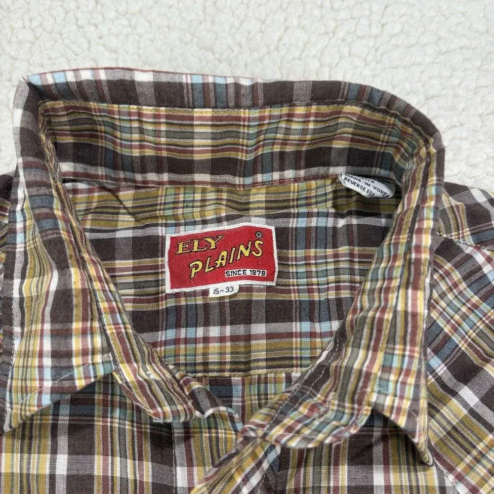Vintage Ely Plains Pearl Snap Western Shirt Size 15-33 Yellow Brown Blue Plaid‎